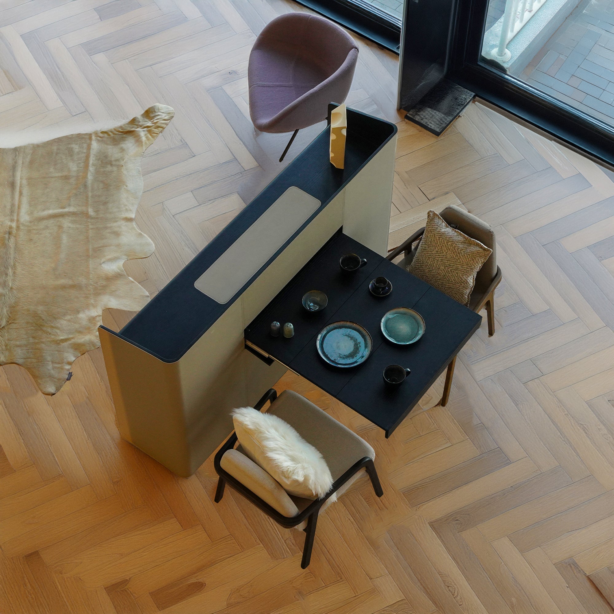 Hidden Dining Table in a Saddle Leather Sideboard Black and Grey MLL-CUS24