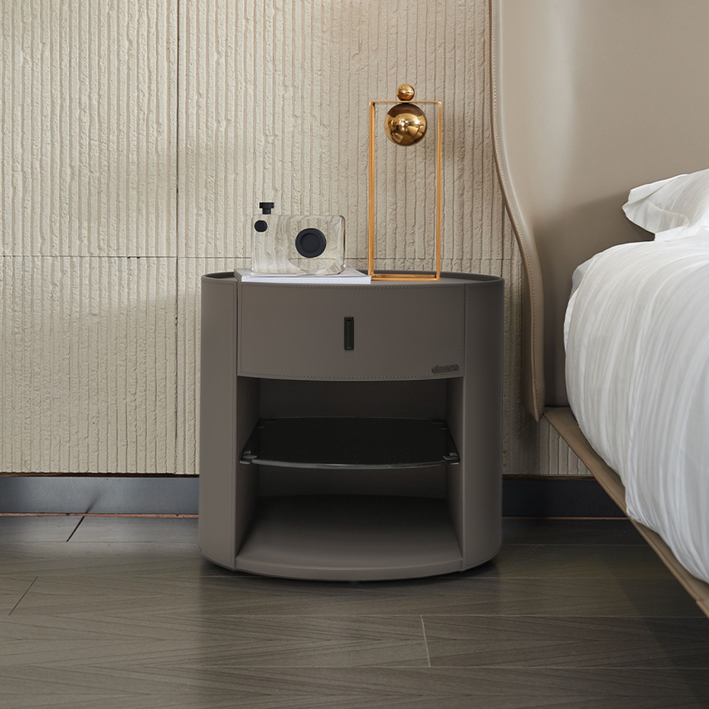 Grey Saddle Leather Cabinet / Bedside Table MLL-T65/BA-03