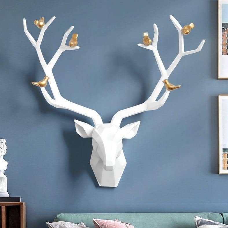 3D Deer Head & Bird Statue - Nature-Inspired Wall Decor