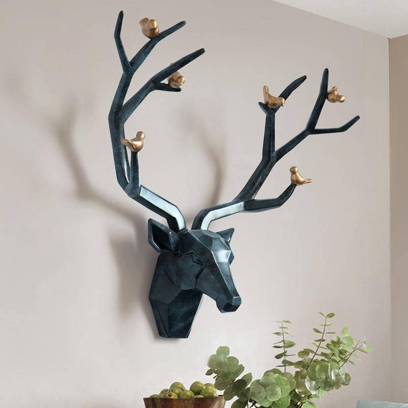 3D Deer Head & Bird Statue - Nature-Inspired Wall Decor