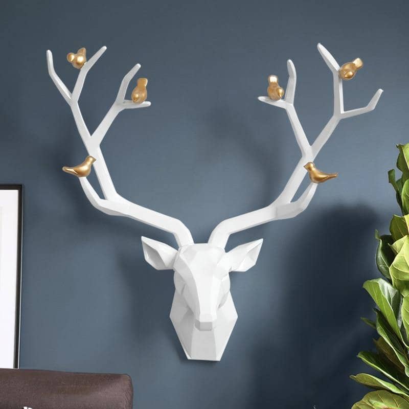 3D Deer Head & Bird Statue - Nature-Inspired Wall Decor