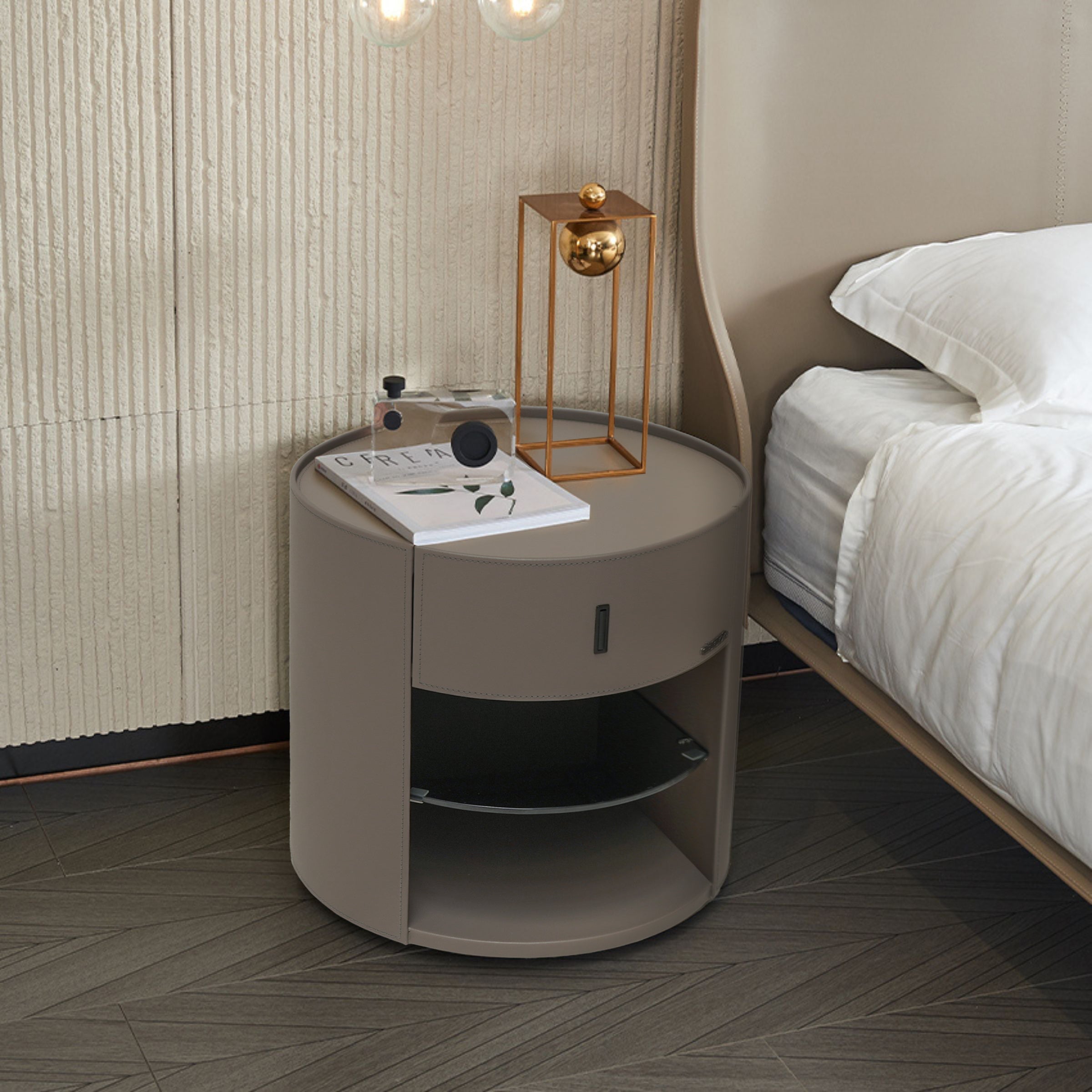 Grey Saddle Leather Cabinet / Bedside Table MLL-T65/BA-03