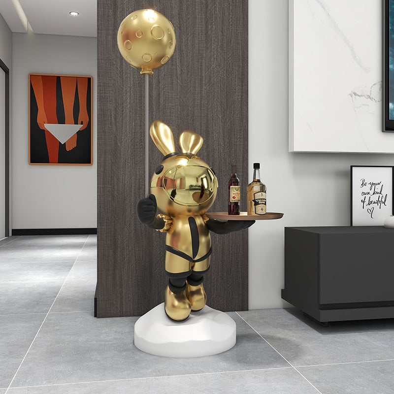 Celestial Whimsy: Planet Rabbit Astronaut with Balloon Floor Ornament