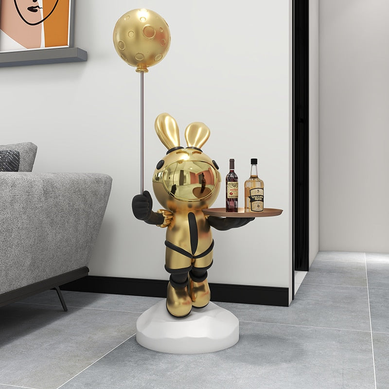 Celestial Whimsy: Planet Rabbit Astronaut with Balloon Floor Ornament